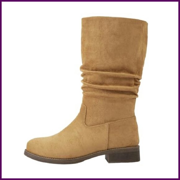 Slouchy Mid Calf Flat Boots Pull On Side Zip Faux Suede Comfortable - Picture 4 of 8